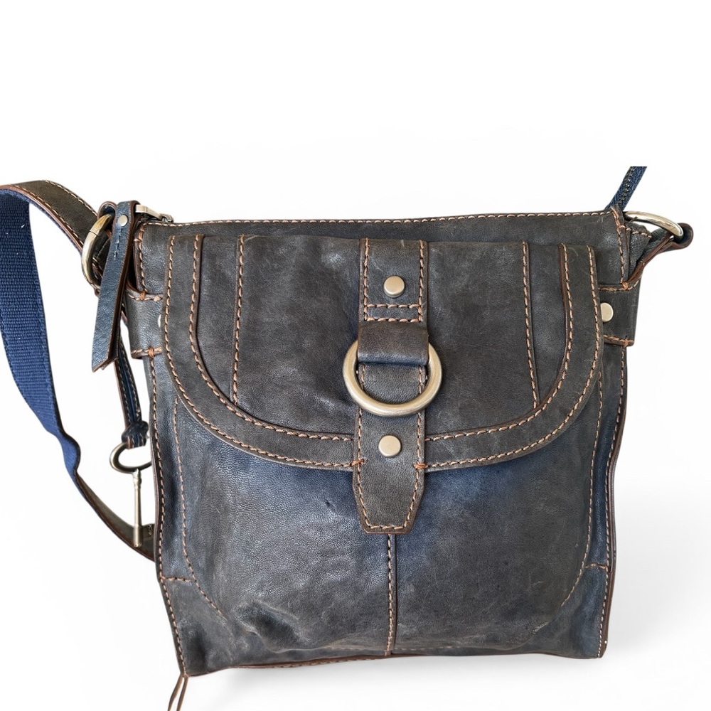 Fossil Vintage "Milo" Distressed Leather Messenger Crossbody Bag Blue